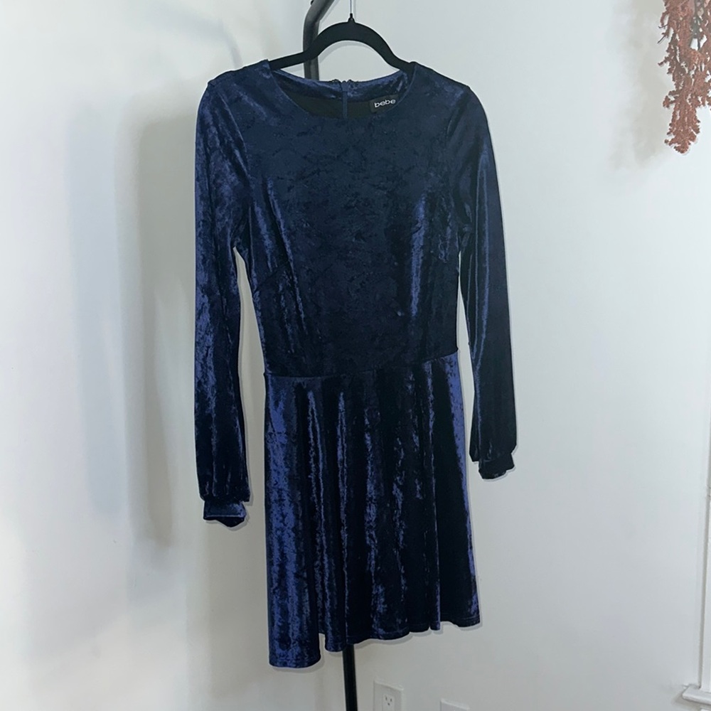 bebe Velvet Long Sleeve Dress - Deep Blue
